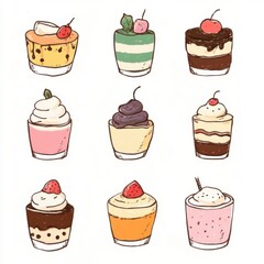 Assorted Hand-Drawn Desserts in Colorful Cups for Celebratory Occasions and Sweet Treats