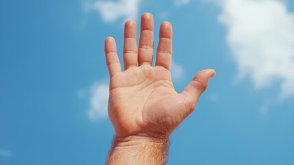  A man's hand reaching up to the sky with clouds in the background