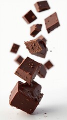 Pieces Of Dark Chocolate Falling Close Up On A White Background