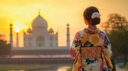 Fototapeta premium タージマハルの朝日と着物姿の日本人女性の調和