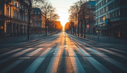 A serene street scene at sunset, highlighting the empty road and shadows.