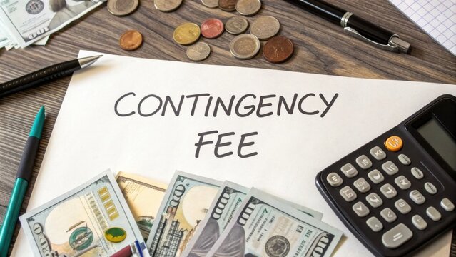 A workspace scene featuring money, coins, and a calculator with a note about a contingency fee.