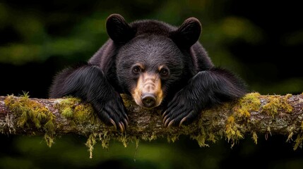 Fototapeta premium A black bear laying on a tree branch covered in moss