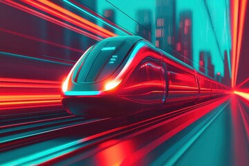 Futuristic High Speed Train Traveling Through Neon Cityscape at Night