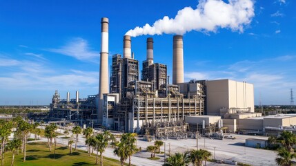 Obraz premium Industrial Power Plant Complex with Tall Smoke Stacks