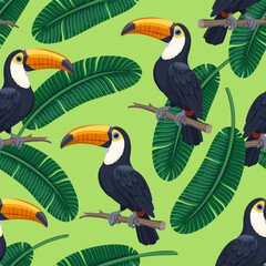 Tropical summer seamless pattern with toucans and banana leaves. Exotic bird sitting on a branch and leaves background. Fashionable pattern for fabric, wallpaper and more. Green background.