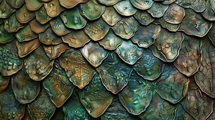 Fototapeta premium Close-up of textured scales with a metallic sheen and vibrant colors.