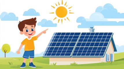 Cheerful Boy Pointing to Sun Over Solar Panels on House in Bright Landscape with Cloudy Sky