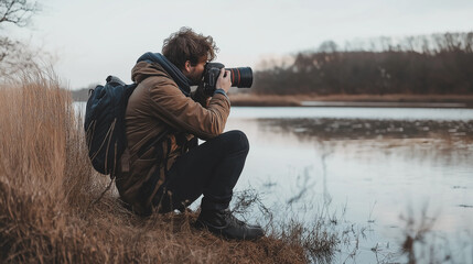 Professional wildlife photographer crouching by a calm lake and focused on capturing a shot of wild bird