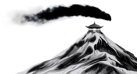 Stylized mountain pagoda with smoke rising above