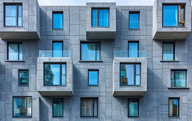 Fototapeta premium Modern concrete building facade with protruding windows and balconies.