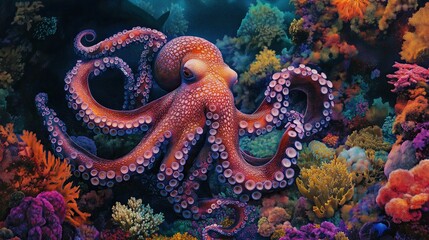 Obraz premium Underwater scene of octopus and corals.