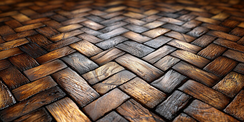 A close-up of a woven wooden surface with rich brown tones.