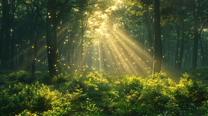 Obraz premium A verdant forest carpeted with emerald foliage, sunlight filtering through the canopy and dappling the forest floor with specks of gold. Concept of rejuvenation and tranquility