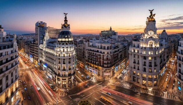Madrid's Iconic Gran Via at Sunset: A Breathtaking Panorama of Urban Architecture and City Life