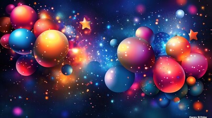 Colorful spheres float in a sparkling cosmic birthday scene