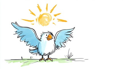 Colorful cartoon bird with outstretched wings under sun, playful illustration for children and nature themes