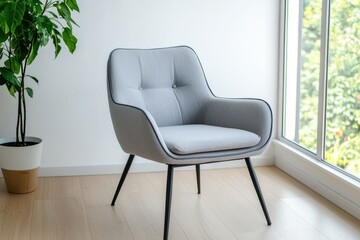 Modern Grey Fabric Armchair in Bright Room near Window Home Interior Design