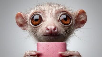 Obraz premium A small animal holding a pink cup in its hands