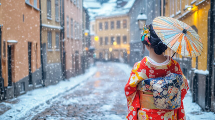 ストックホルム旧市街の雪景色と着物姿の日本人女性