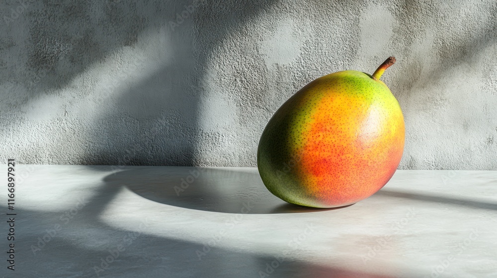 Poster a single ripe mango rests on a light grey surface