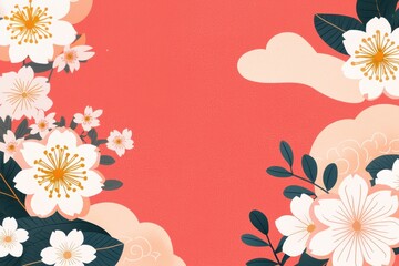 Obraz premium Elegant Coral Background with White Blossom Flowers and Delicate Leaves Design