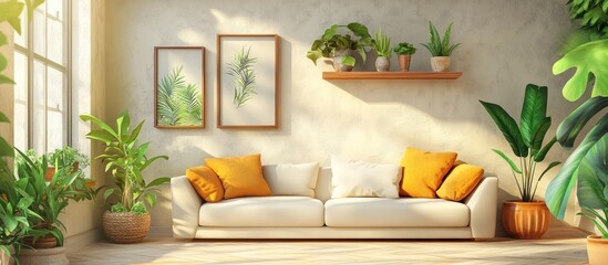 Cozy and inviting modern living room interior with comfortable sofa lush potted plants minimalist wall decor and natural lighting from large window