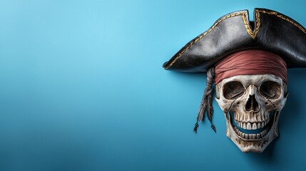 Fototapeta premium A skull wearing a pirate hat on a blue background