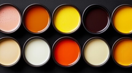 A variety of different colors of paint in tins on a black surface