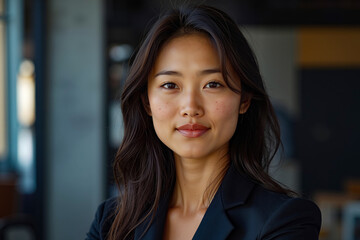 Fototapeta premium A woman in a black blazer smiles at the camera