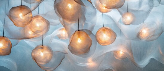 Elegant and contemporary glass pendant lights of various sizes hanging in a minimalist modern interior creating a warm captivating and ambient lighting display