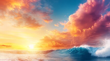 Fototapeta premium A painting of a sunset over the ocean with a large wave in the foreground