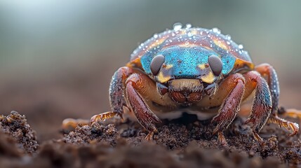 A close up of a crab with water droplets on its face
