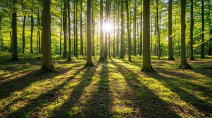 Fototapeta premium Sunlit Forest Path Through Tall Trees In Spring