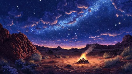 Campfire Under a Starry Sky in a Desert Landscape at Twilight