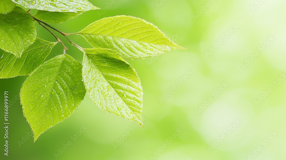 Wall mural A close up of a green leaf with water droplets on it