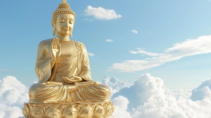 Obraz premium Serene Golden Buddha Statue on Heavenly Cloud in Endless Sky 3D Render Digital Artwork