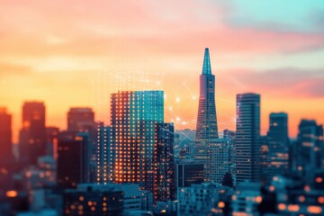 Fototapeta premium Vibrant Cityscape at Sunset with Network Connections Modern Architecture and High Rise Buildings