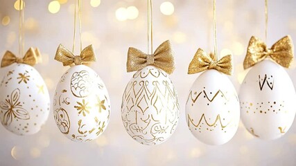 Hanging realistic Easter eggs in gold and white colors with holiday symbols on colorful background 4k video. Happy Easter video golden sparks - Powered by Adobe