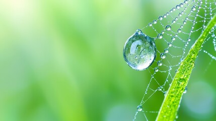 A drop of water on a spider web with water droplets on it
