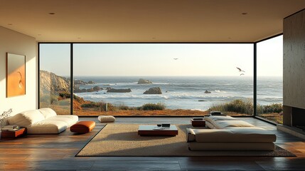 Fototapeta premium Modern living room with panoramic ocean view.