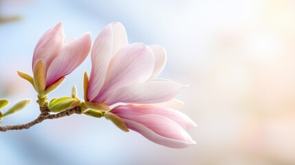 Fototapeta premium A close up of a pink flower on a tree branch