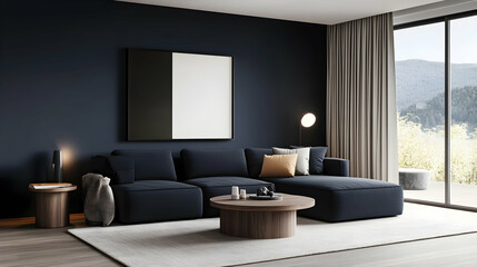 Modern living room with sectional sofa, mountain view, and minimalist decor. Ideal for interior design websites.