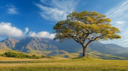 Obraz premium A lone tree in the middle of a grassy field with mountains in the background