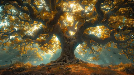 In the serene garden, amidst a variety of lush green plants, a majestic tree stood tall, its branches swaying gently in the embrace of nature, captivating all who beheld