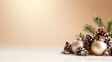 A bunch of pine cones and ornaments sitting on top of a table