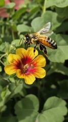A bee hovering over a vibrant yellow flower in a garden setting.