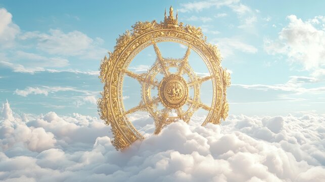 Enlightenment in the Sky: Majestic 3D Render of Spinning Dharma Wheel Bringing Buddhist Heaven to Earth