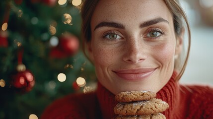 Naklejka premium A woman holding a stack of cookies in front of a Christmas tree