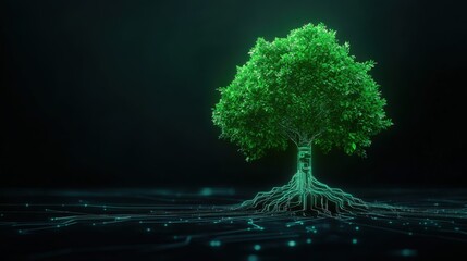 Digital Tree Concept with Green Foliage and Circuit Pattern on Dark Background Symbolizing Technology and Nature